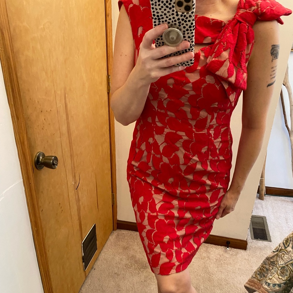 Anthropologie Red Lace Bow Shoulder Dress